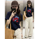正肩圆领短袖T恤女装藏蓝色2026新款印花显瘦基础款圆领大码上衣