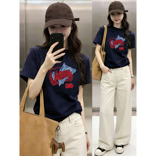 正肩圆领短袖T恤女装藏蓝色2026新款印花显瘦基础款圆领大码上衣