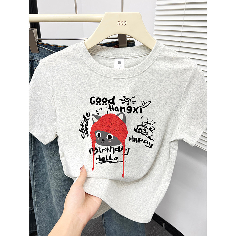 T恤女夏季新款韩版圆领小衫帽子猫咪印花短袖洋气百搭显瘦正肩上