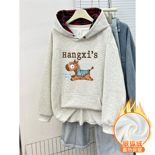 纽扣格子拼接连帽卫衣女冬季 设计感上衣 加绒加厚重磅潮牌宽松大码