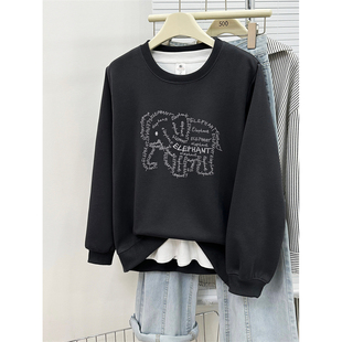 大码 设计感字母小象印花加绒加厚上衣 圆领正肩卫衣女2025秋冬时尚