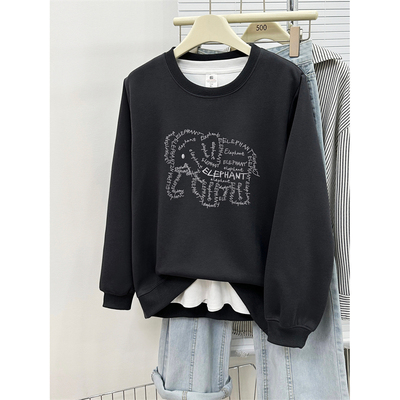 大码圆领正肩卫衣女2025秋冬时尚设计感字母小象印花加绒加厚上衣