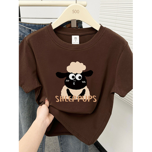t恤女装 遮肚半袖 2026夏季 卡通印花胖MM大码 上衣 新款 棕色正肩短袖