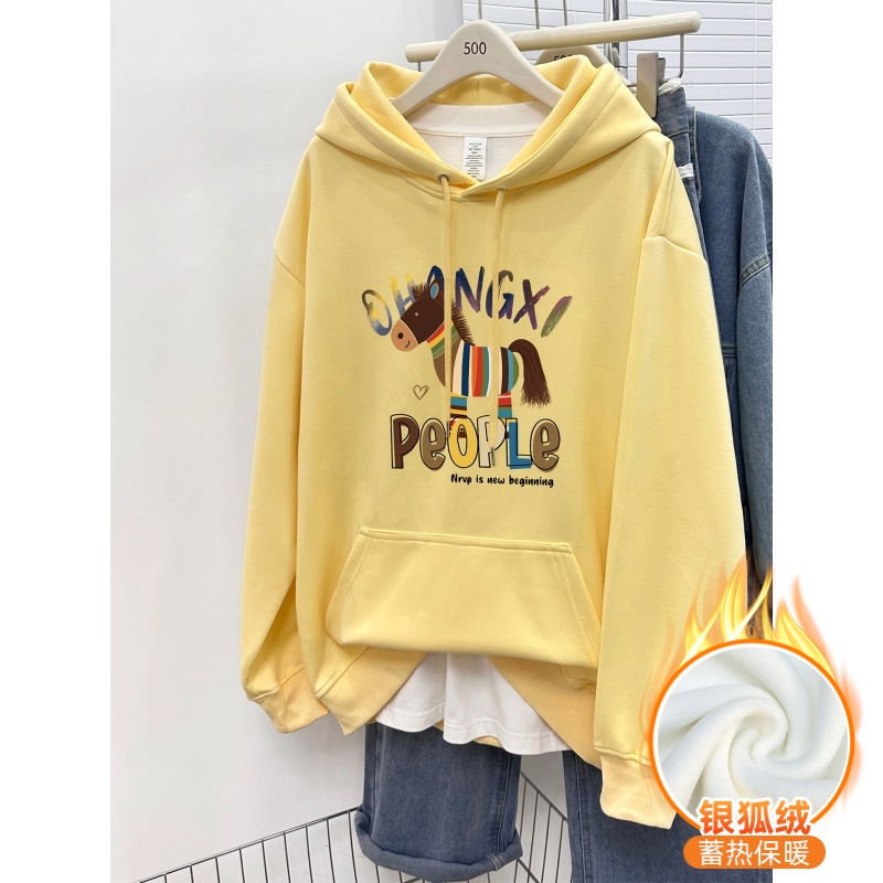 2026新款小马印花加绒加厚连帽卫衣女秋冬季宽松大码中长款上衣潮