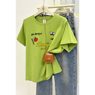 绿色短袖女款爆款2025新款大码遮肚子夏季时髦圆领200斤显瘦上衣