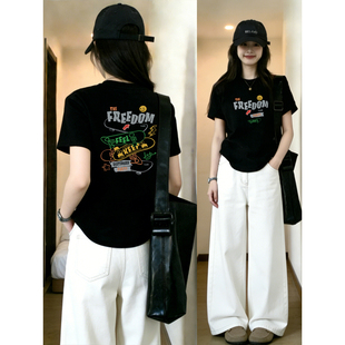 大码黑色正肩短袖t恤女2026夏季新款潮牌设计感前后印花圆领上衣