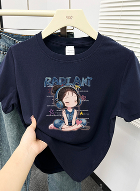 胖mm藏蓝色正肩短袖t恤女大码200斤韩系洋气小女孩印花圆领上衣服