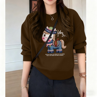 胖妹妹加绒圆领上衣 卫衣女秋冬2025新款 正肩大码 小马印花可爱长袖