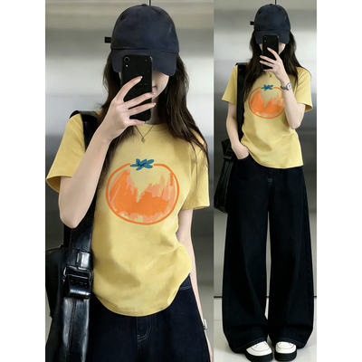 大码小众独特正肩短袖T恤女夏季微胖mm显瘦遮肉别致圆领印花上衣
