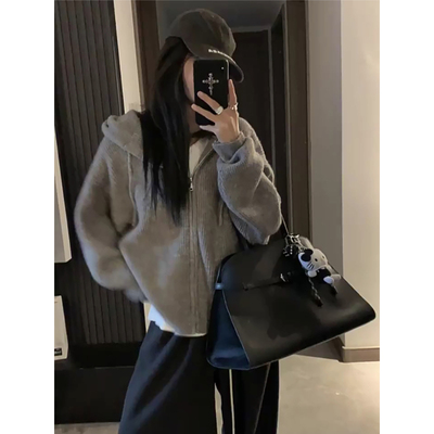 韩系连帽拉链毛衣女冬季2025新款内搭慵懒高级感针织开衫卫衣外套