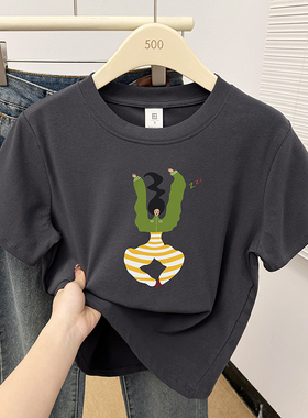 深灰色圆领短袖T恤女夏装新款正肩时尚休闲个性卡通印花半袖上衣
