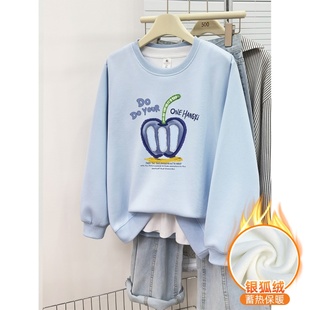 上衣潮 休闲圆领长袖 天蓝色正肩套头卫衣女秋冬季 加绒加厚胖mm大码