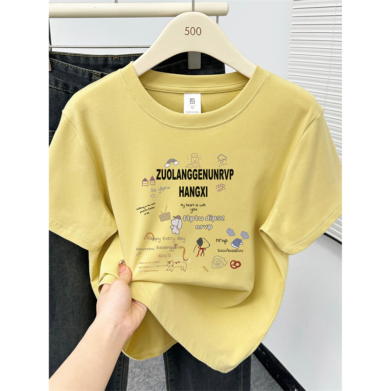 2025新款韩版设计感洋气印花胖MM大码正肩短袖T恤女夏季圆领上衣