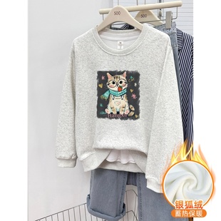 长袖 套头衫 上衣 加绒加厚宽松大码 灰色猫咪印花圆领正肩卫衣女冬季