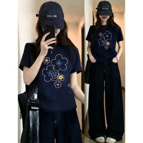 正肩短袖t恤女装夏季胖MM韩系ins花朵印花大码圆领遮肉体恤上衣潮