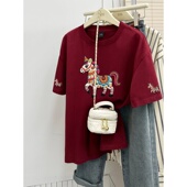 半袖 2026新款 上衣 潮流宽松大码 体恤衫 小马印花纯棉短袖 t恤女爆款