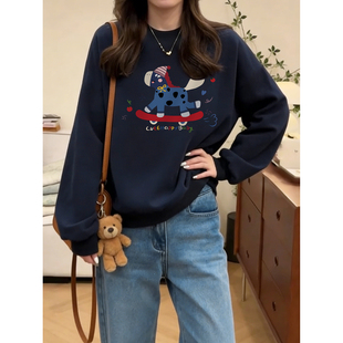 卡通印花圆领无帽正肩卫衣女秋冬新款 胖mm宽松显瘦遮肚子上衣 大码