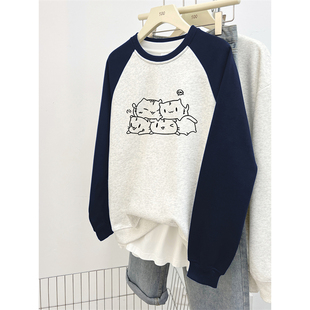 设计感无帽长袖 猫咪印花宽松大码 上衣 卫衣女2025秋冬款 圆领插肩袖