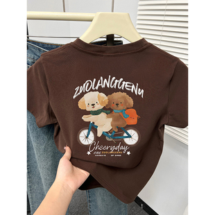 复古洋气小狗印花百搭圆领显瘦上衣 2025新款 正肩短袖 T恤女春夏季