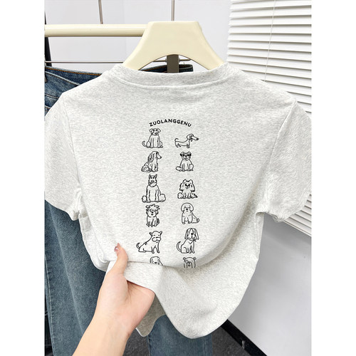 韩版小狗前后印花圆领短袖t恤女夏季新款胖mm正肩遮肉大码上衣潮