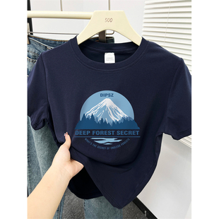 ins潮牌休闲百搭圆领遮肉上衣 雪山印花正肩特大码 短袖 t恤女装 新款