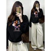 小马印花圆领正肩无帽卫衣女秋冬新款 大码 胖mm宽松显瘦遮肚子上衣