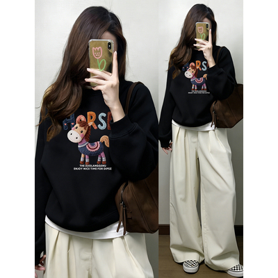 小马印花圆领正肩无帽卫衣女秋冬新款大码胖mm宽松显瘦遮肚子上衣