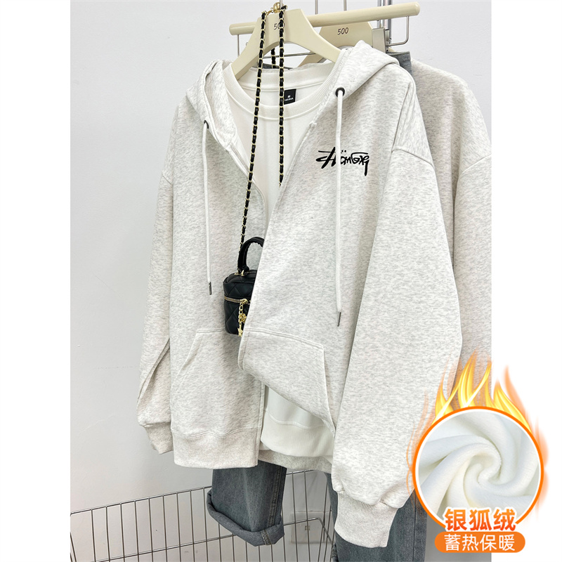 胖MM大码拉链开衫卫衣女2025秋冬款加绒加厚宽松慵懒风连帽外套