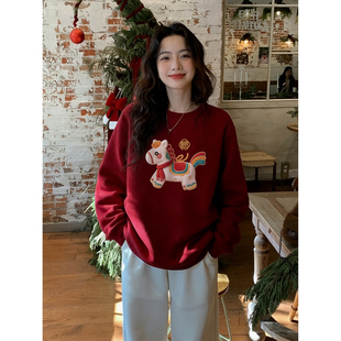 新年红小马复古圆领正肩卫衣女秋冬2026新款 上衣 胖MM宽松显瘦长袖