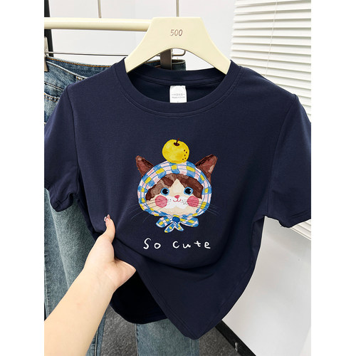 洋气猫咪印花藏蓝色短袖t恤女2026夏季新款胖mm大码正肩圆领上衣