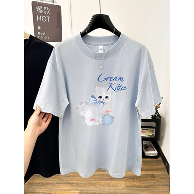 可爱猫咪印花纯棉天蓝色圆领短袖T恤夏季韩版时尚宽松半袖上衣女