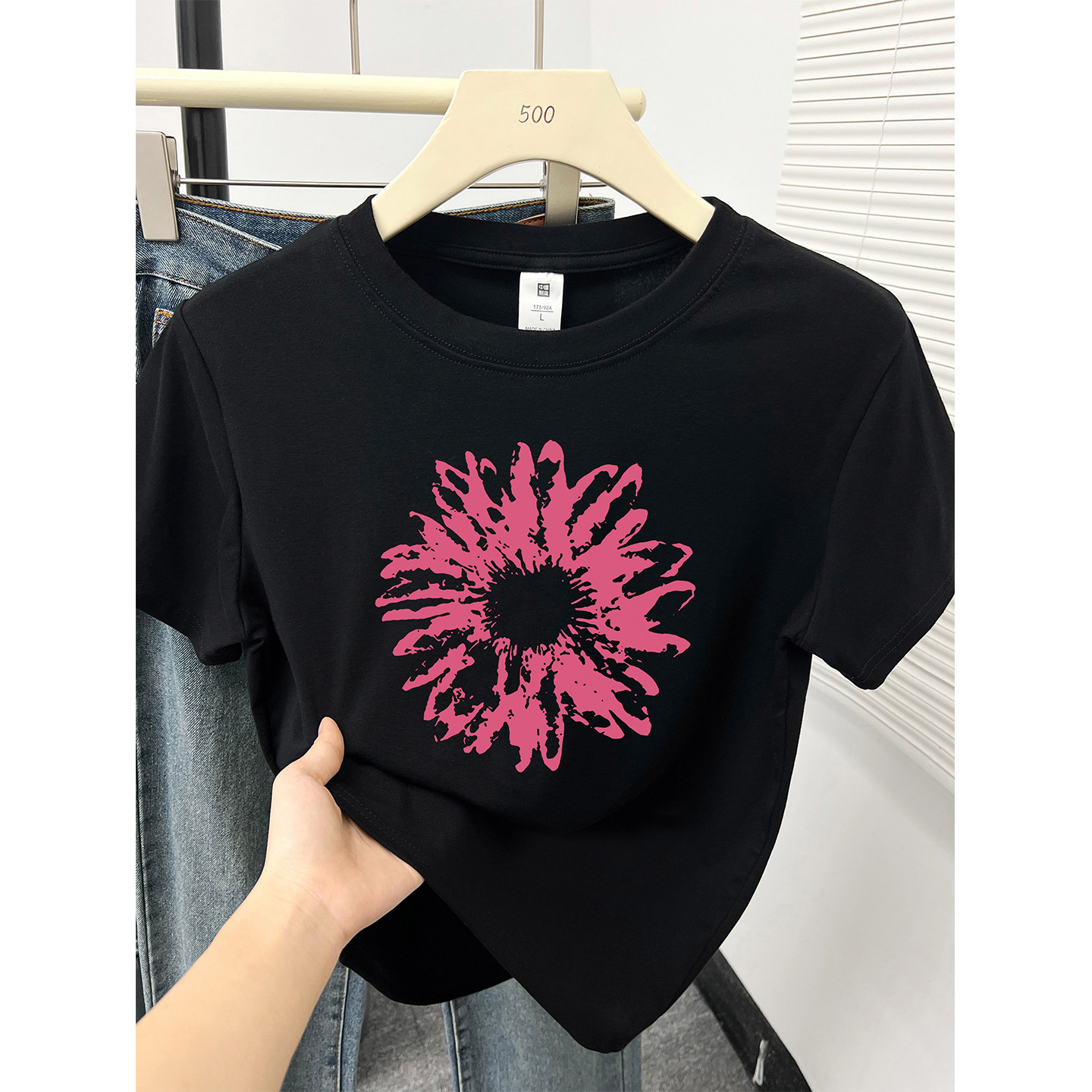 美式大花黑色印花正肩短袖女装夏季新款大码遮肉百搭圆领T恤上衣