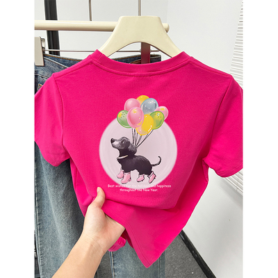 火龙果色正肩显白显瘦短袖t恤女韩版新款小个子休闲百搭洋气上衣