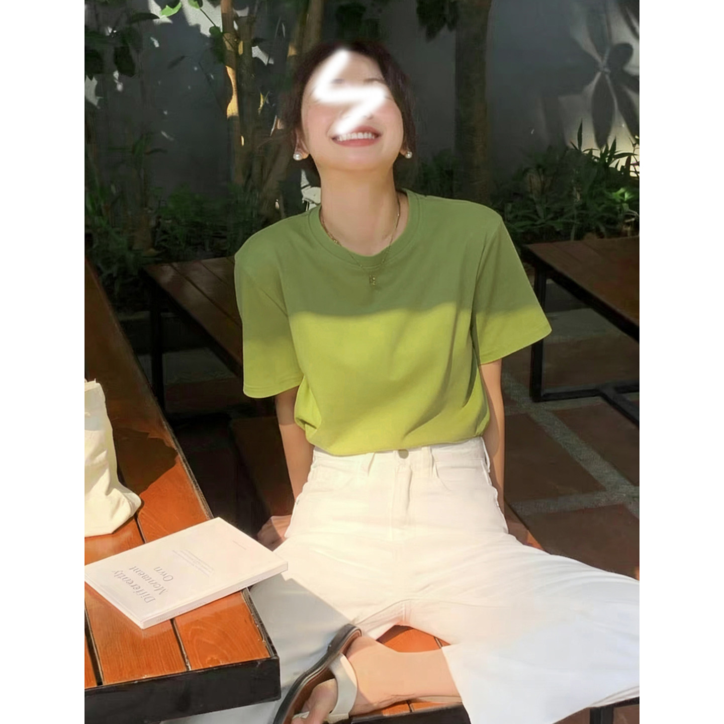 大码女装夏季新款遮肚子圆领打底上衣胖mm显瘦绿色正肩短袖t恤潮图片