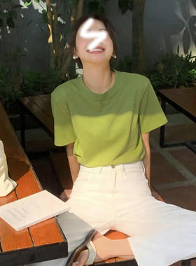 大码女装夏季新款遮肚子圆领打底上衣胖mm显瘦绿色正肩短袖t恤潮