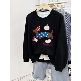 百搭圆领上衣潮 腊肠狗印花正肩无帽卫衣女胖mm大码 爆款 2025秋冬季