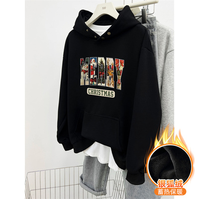 潮牌设计感纽扣连帽卫衣秋冬女款宽松大码加绒加厚中长款套头上衣