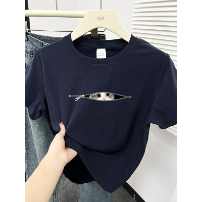 可爱猫咪圆领正肩短袖T恤女春夏季新款韩版小个子别致显瘦上衣服
