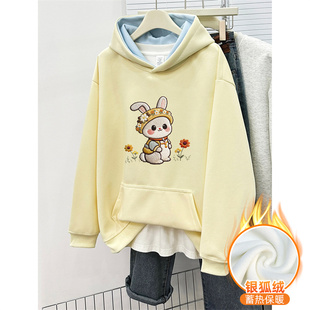 休闲宽松大码 韩版 上衣 套头卫衣女2025冬季 加绒加厚撞色连帽衫