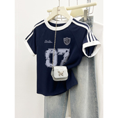 藏青色正肩短袖 圆领上衣潮 休闲撞色三条杠修身 t恤女2025新款 爆款