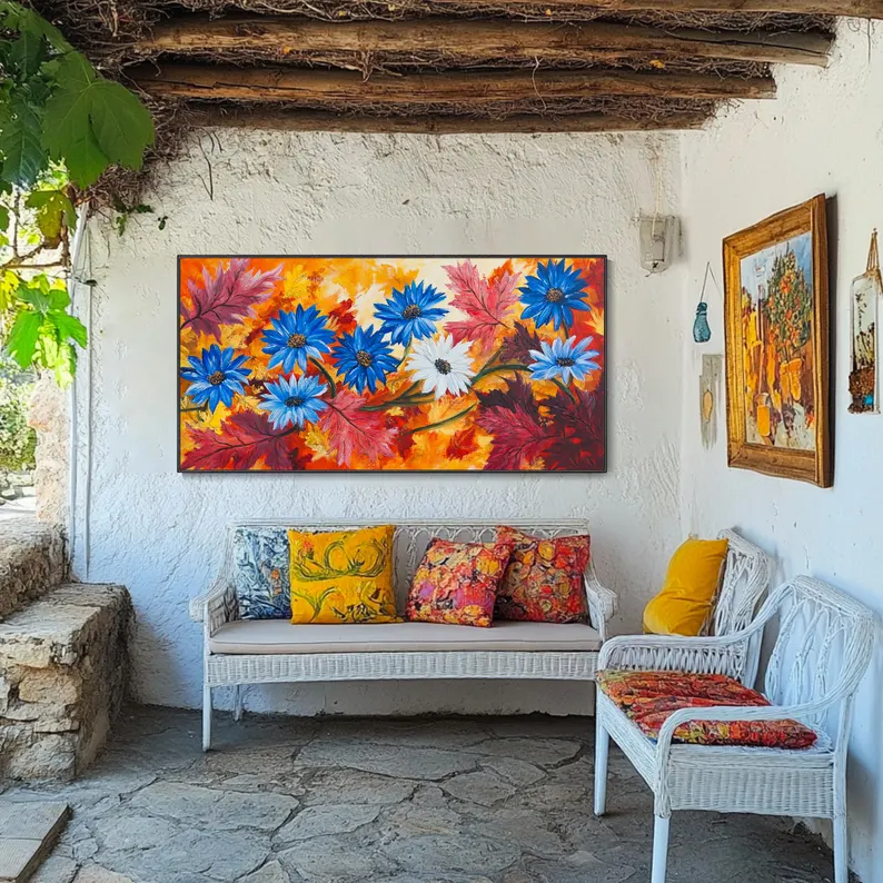 大芬村纯手绘油画抽象花卉肌理感客厅装饰画北欧餐厅卧室轻奢挂画图片