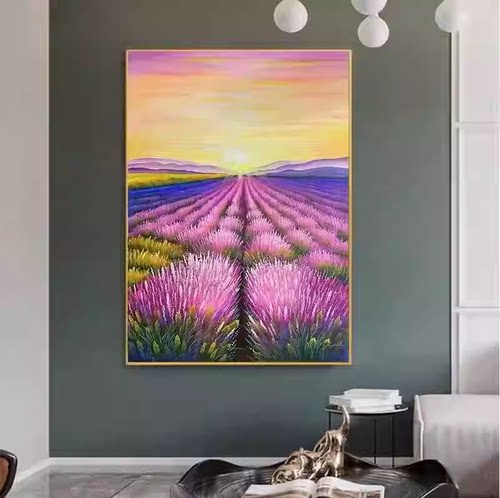 大芬村纯手绘油画薰衣草花卉田园风景装饰画玄关轻奢客厅沙发挂画