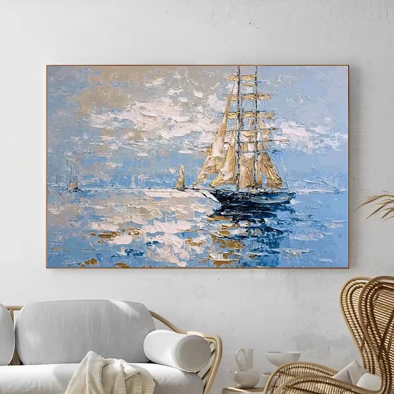 大芬村手绘油画抽象帆船海景一帆风顺客厅装饰画办公室肌理感挂画