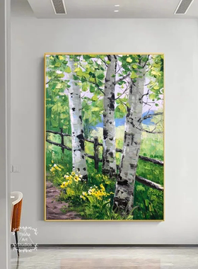 大芬村手绘油画抽象白桦树风景客厅装饰画玄关走廊过道肌理感挂画