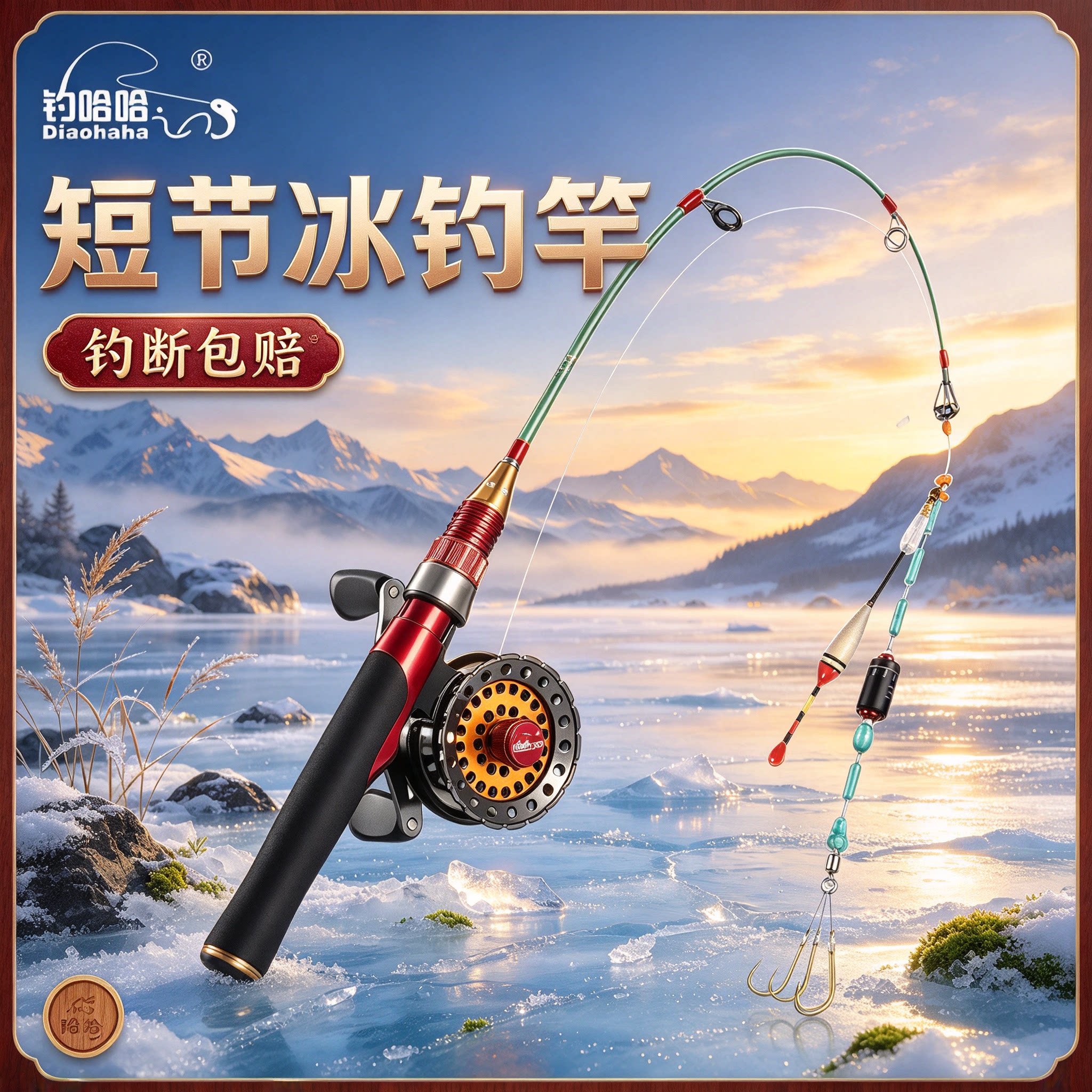 钓哈哈冰钓竿套装筏杆迷你小海竿便携冰钓轮冰钓杆软稍冬钓装备