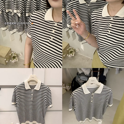 Need-强韩系遮肉Polo条纹T短袖T恤（含4.3绵羊毛）(不含下装)2600