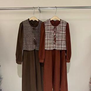 小香风马甲两件套连衣裙红色长袖套装裙女秋冬新款小个子显瘦长裙