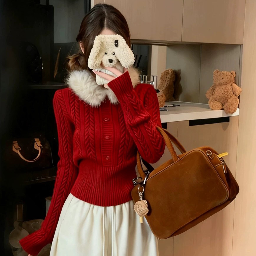 SQ-够冬季韩系简约气质百搭毛领麻花保暖毛衣(配毛领可拆卸)5525Q