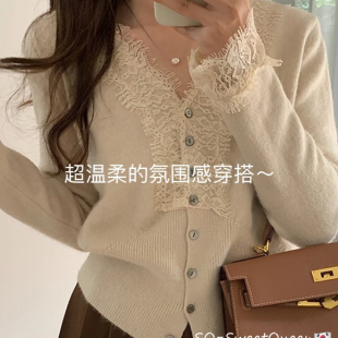 SQ-个冬天韩系温柔风蕾丝边V领羊毛针织毛衣毛衣(含25羊毛)7752Q