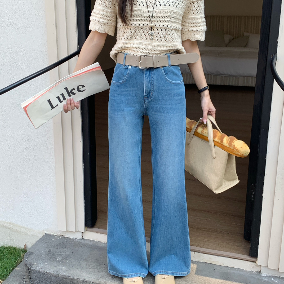 OUNA欧娜-26年春款时尚简约微喇裤牛仔裤(配腰带)(好穿舒适)6230